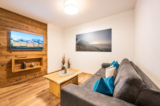 Ellmauer Hex Appartement 2 großen Holzrückwand im Wohnbereich